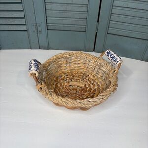 Vintage Round Light Woven Basket with Two Blue and White Ceramic Handles